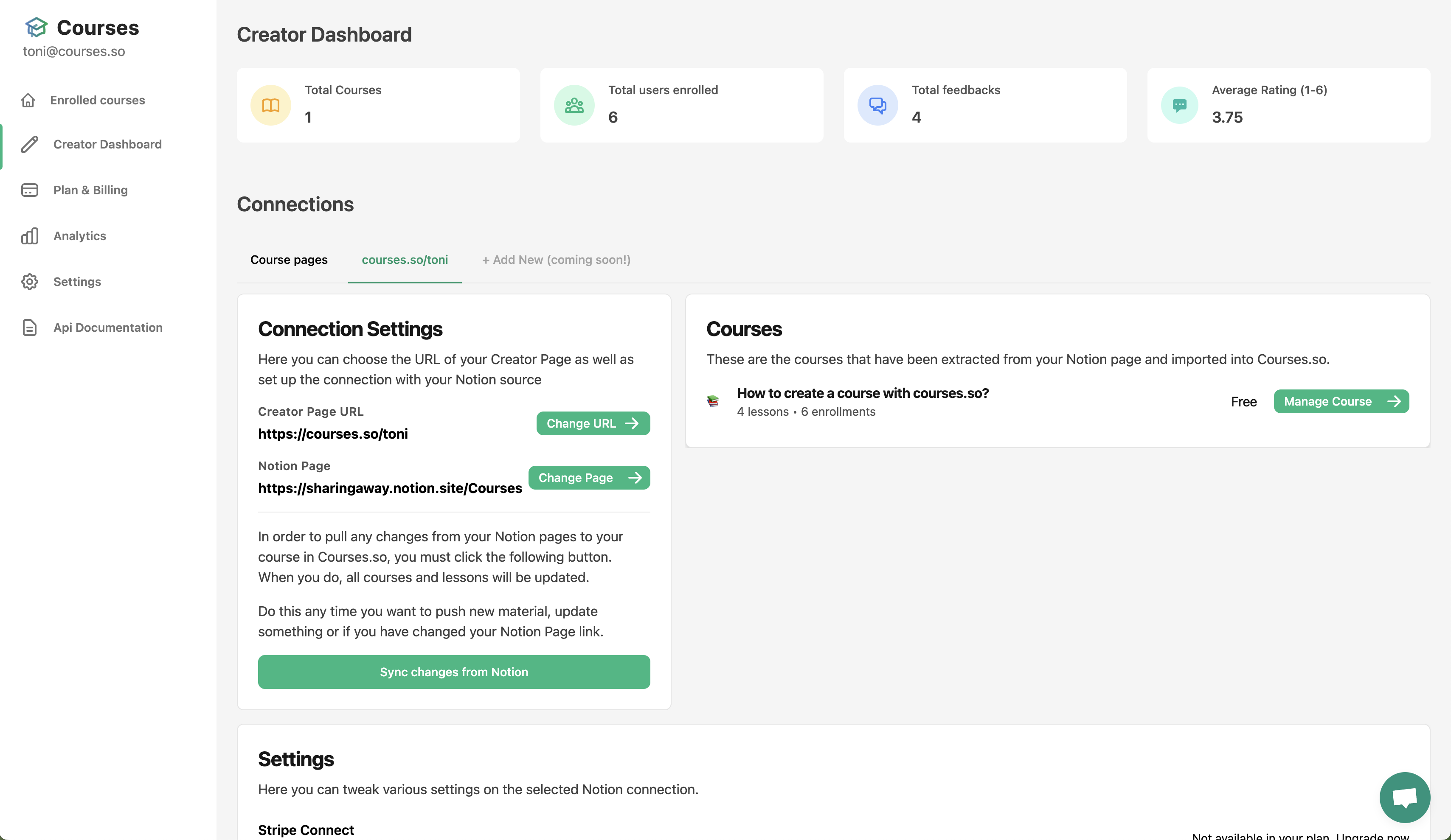 courses dashboard